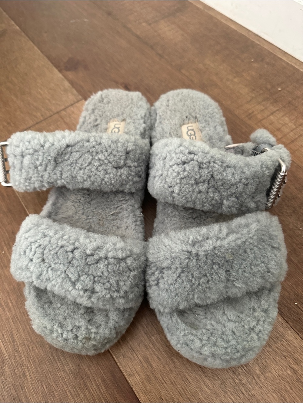 UGG Kids Gray Plush Shearling Slide Sandals with Buckle